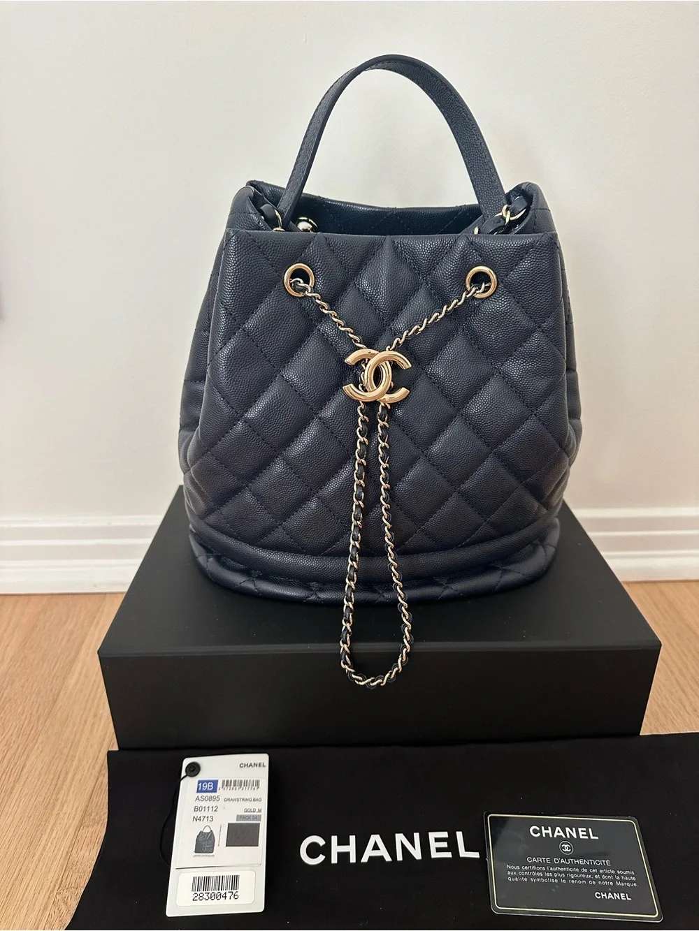 Chanel Navy Quilted Caviar Drawstring Bucket Bag- Gold Hardware/2019